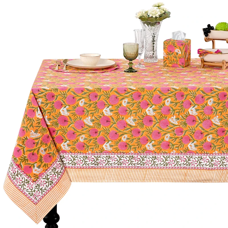 Ridhi Bubblegum Pink Hand Block Print Cotton Rectangle Tablecloth 108" x 70" inches Reusable Table Cover Decorative Everyday Use for Dining Room, Farmhouse, Home Gift for Spring, Mother's Day