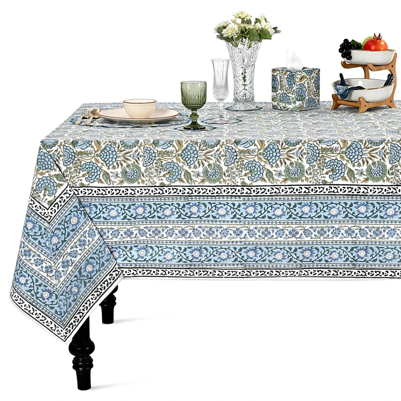 Ridhi Asparagus Green Hand Block Print Cotton Rectangle Tablecloth 140" x 72" inches Reusable Table Cover Decorative Everyday Use for Dining Room, Farmhouse, Home Gift for Spring, Mother's Day
