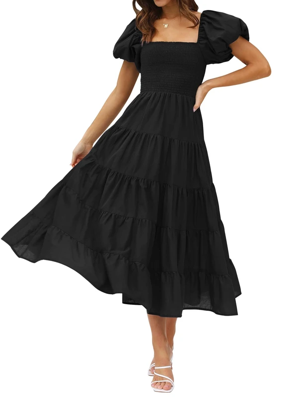 ZESICA Women's Summer Square Neck Short Puff Sleeve Solid Color High Waist Casual Smocked Flowy A Line Tiered Midi Dress, Black, Small