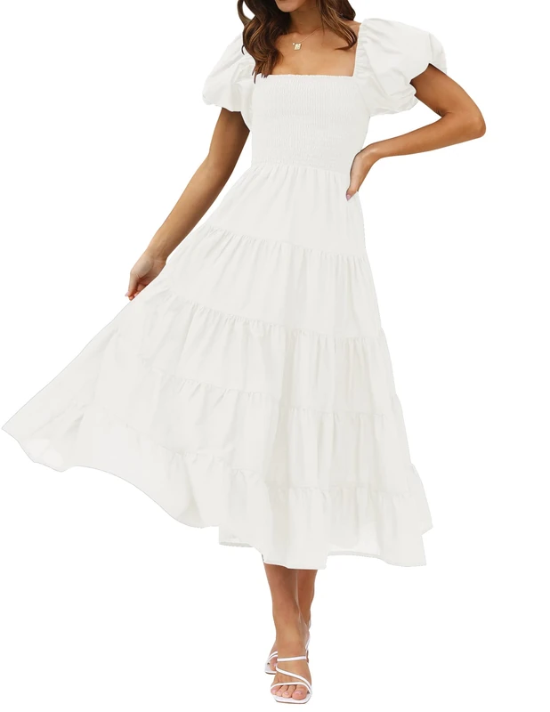 ZESICA Women's Summer Square Neck Short Puff Sleeve Solid Color High Waist Casual Smocked Flowy A Line Tiered Midi Dress, White, Small
