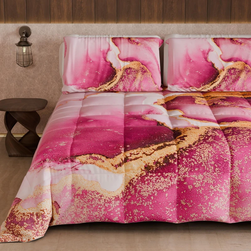 PETTI Artigiani Italiani - Quilt, Winter Duvet, Winter Quilt, Single Double Face Quilt Solid Color and Pink Marble Digital Print, 100% Anti-Allergic Microfiber, Made in Italy - Image 1