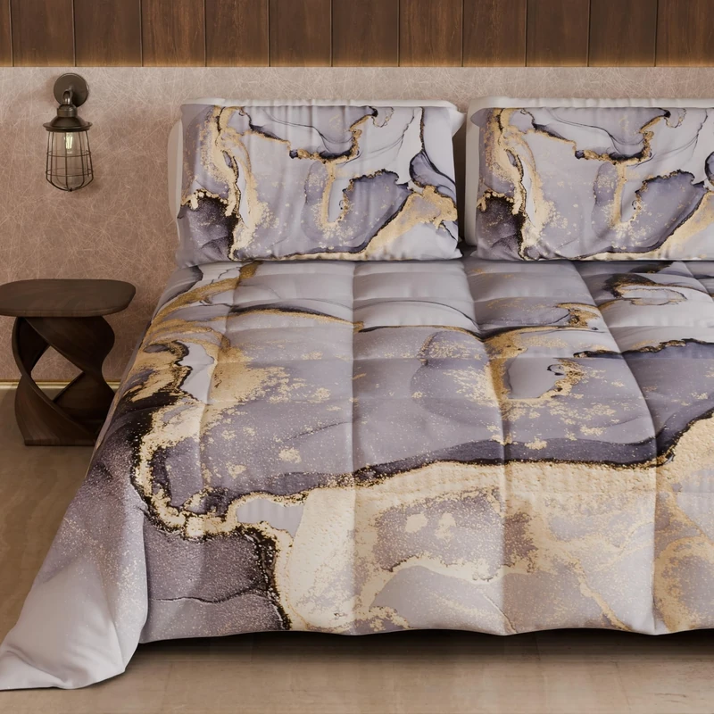 PETTI Artigiani Italiani - Winter Quilt for a Double Bed and a Half Quarter, Solid Colour and Digital Print Marble Dark Grey, Made in Italy