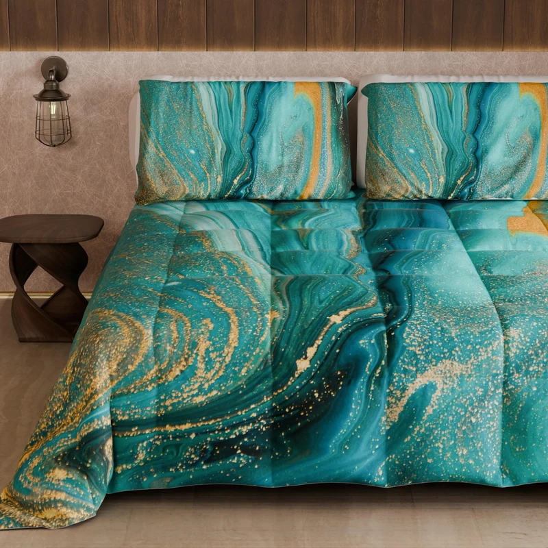 PETTI Artigiani Italiani - Winter Quilt for a Double Bed and a Half Quarter, Solid Colour and Digital Print Marble Green, Made in Italy