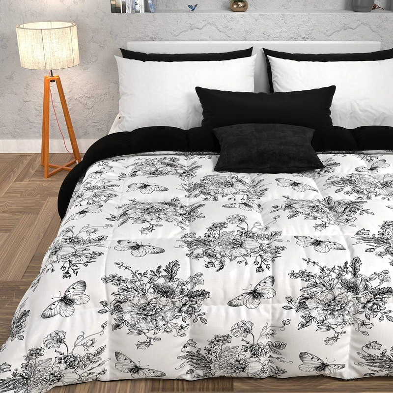 PETTI Artigiani Italiani -Winter Quilt, Winter Duvet, Square and Half Double Face Quilt, Solid Color and Digital Floral Print Beige, 100% Hypoallergenic Microfiber, Made in Italy - Image 1