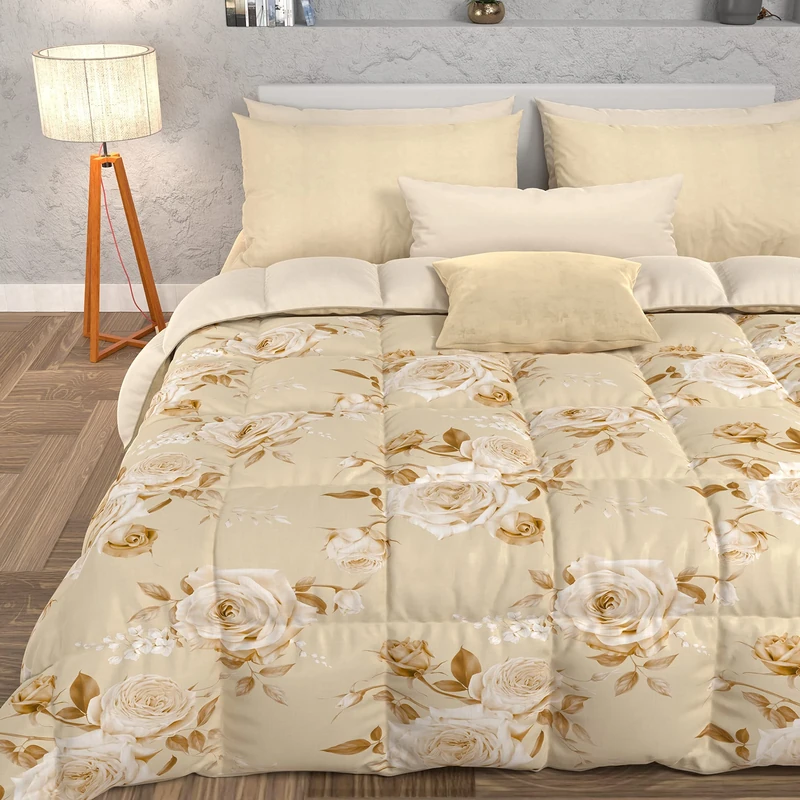 PETTI Artigiani Italiani - Winter Quilt, Winter Duvet, Double Sided Quilt with Beige Floral Digital Print, 100% Microfibre, Made in Italy