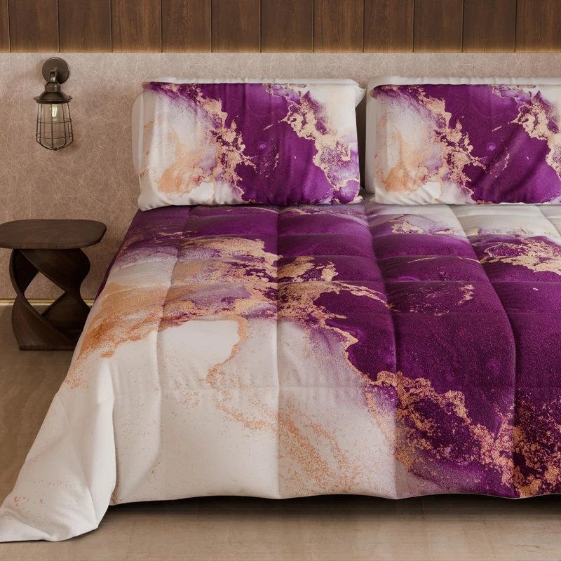 PETTI Artigiani Italiani - Winter Quilt for a Double Bed and a Half Quarter, Solid Colour and Digital Print Marble Purple, Made in Italy