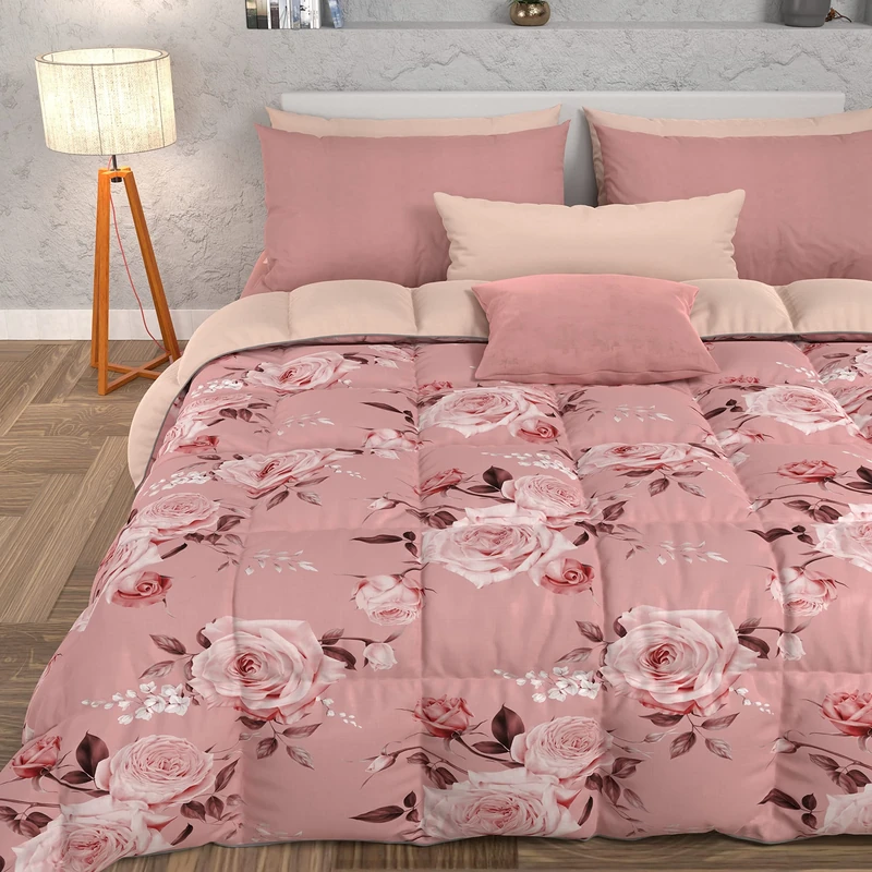 PETTI Artigiani Italiani - Quilt, Winter Duvet, Winter Quilt, Single Quilt Double Face Solid Color and Digital Print Floral 21 Powder, 100% Hypoallergenic Microfiber, Made in Italy