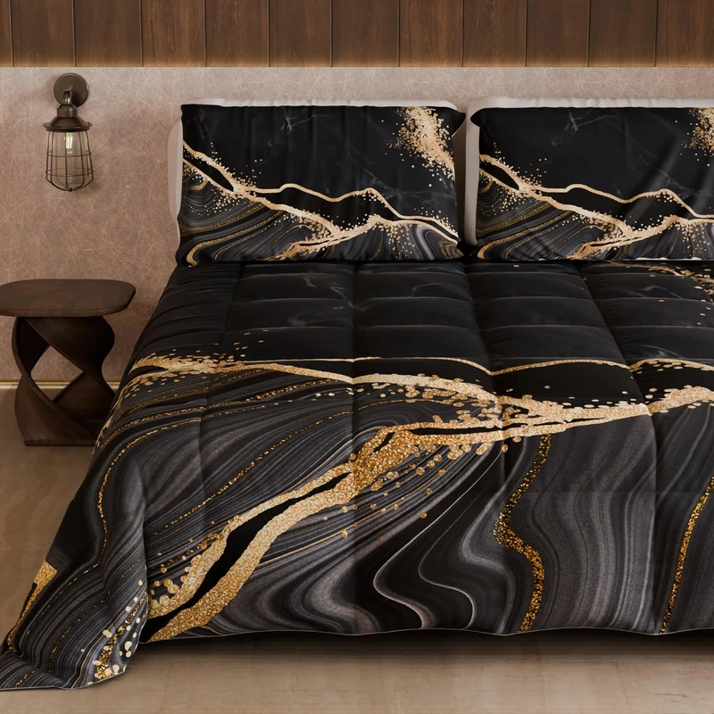 PETTI Artigiani Italiani - Winter Quilt for a Double Bed and a Half Quarter, Solid Colour and Digital Print Marble Black, Made in Italy