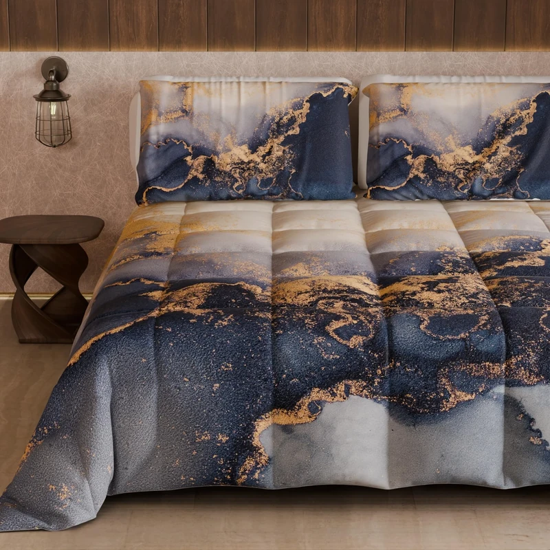 PETTI Artigiani Italiani - Winter Quilt for a Double Bed and a Half Quarter, Solid Colour and Digital Print Marble Night Blue, Made in Italy