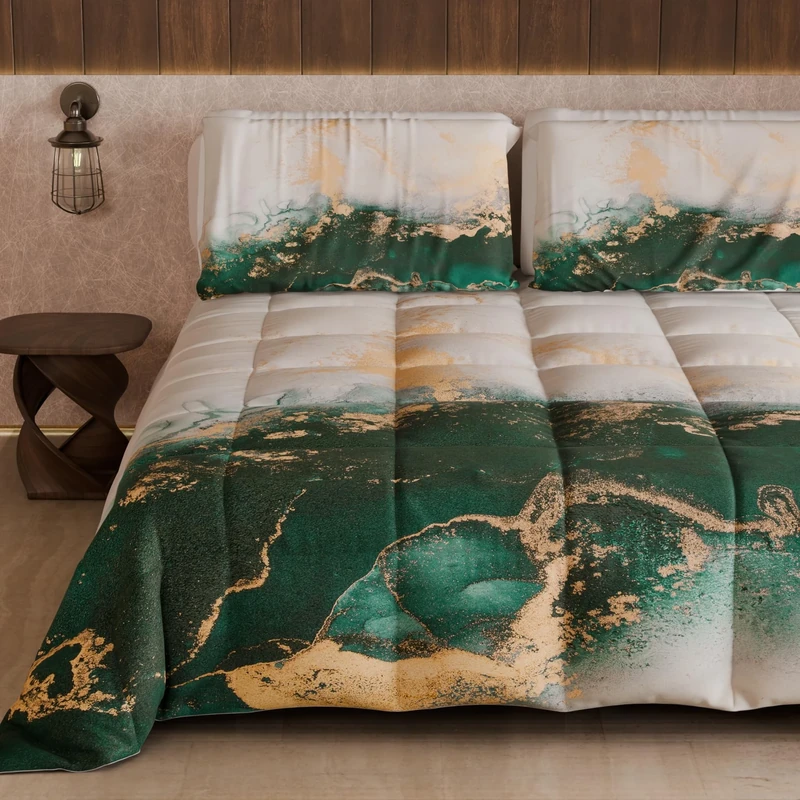 PETTI Artigiani Italiani - Winter Quilt for a Double Bed and a Half Quarter, Solid Colour and Digital Print Marble Emerald, Made in Italy