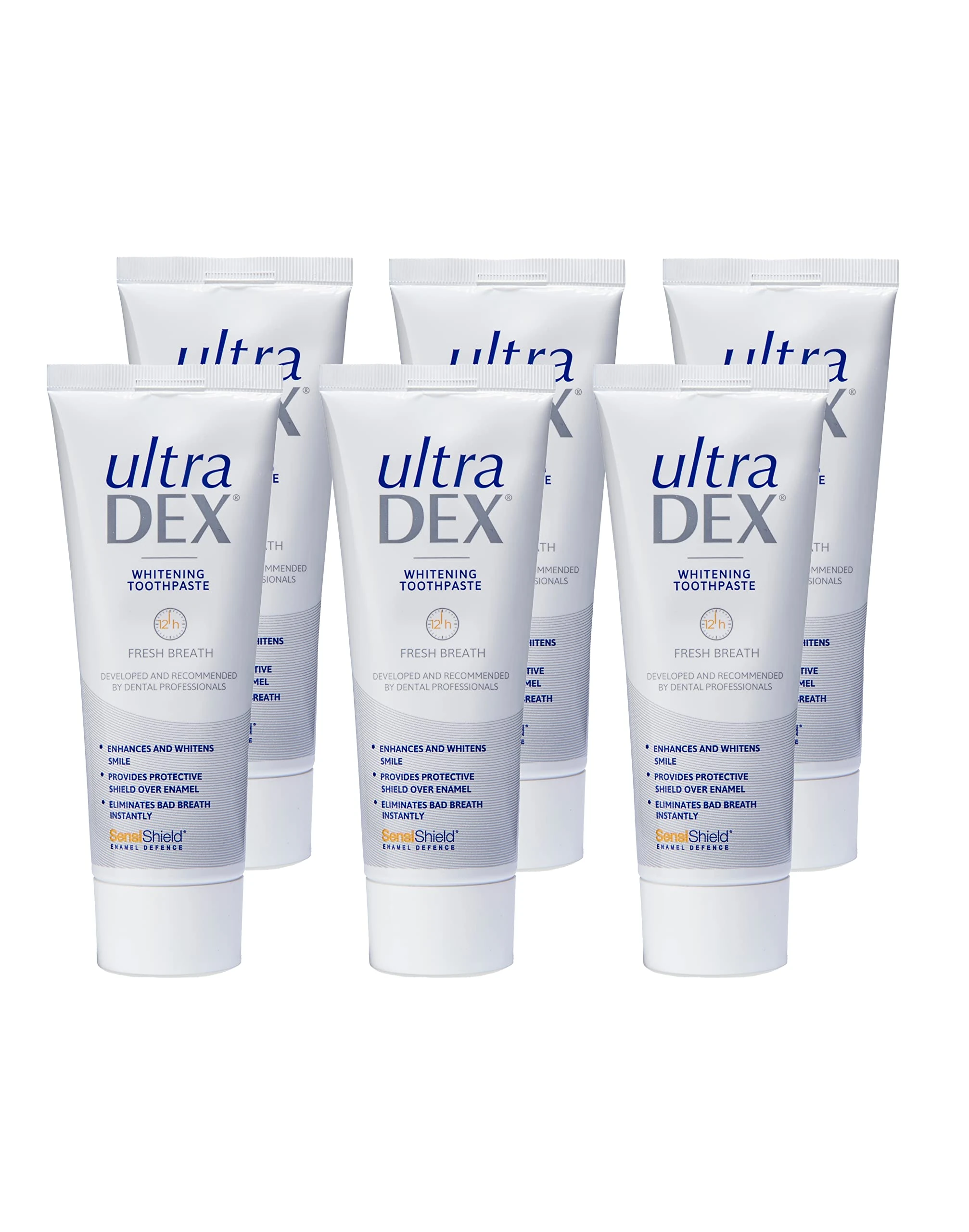 UltraDEX Whitening Toothpaste + Enamel Defense, Clinically Proven 12hr Bad Breath Treatment, For Sensitive Teeth, with Fluoride, Mint 6 X 75 ml