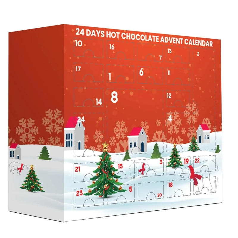 Hot chocolate advent calendar 2025 - luxury selection of flavoured hot chocolate' with marshmallow toppers Christmas gingerbread men candy cane & hot chocolate stirrers with hot chocolat gifts & socks