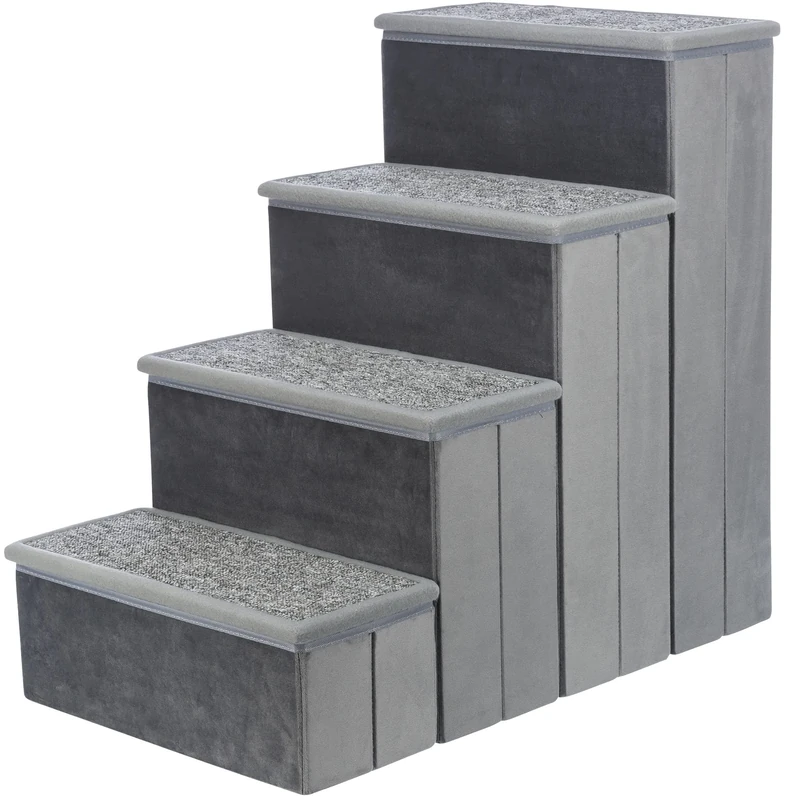 TRIXIE Velour 4-Step Pet Stairs with Storage, Collapsible, Storage Compartments for Pet Toys