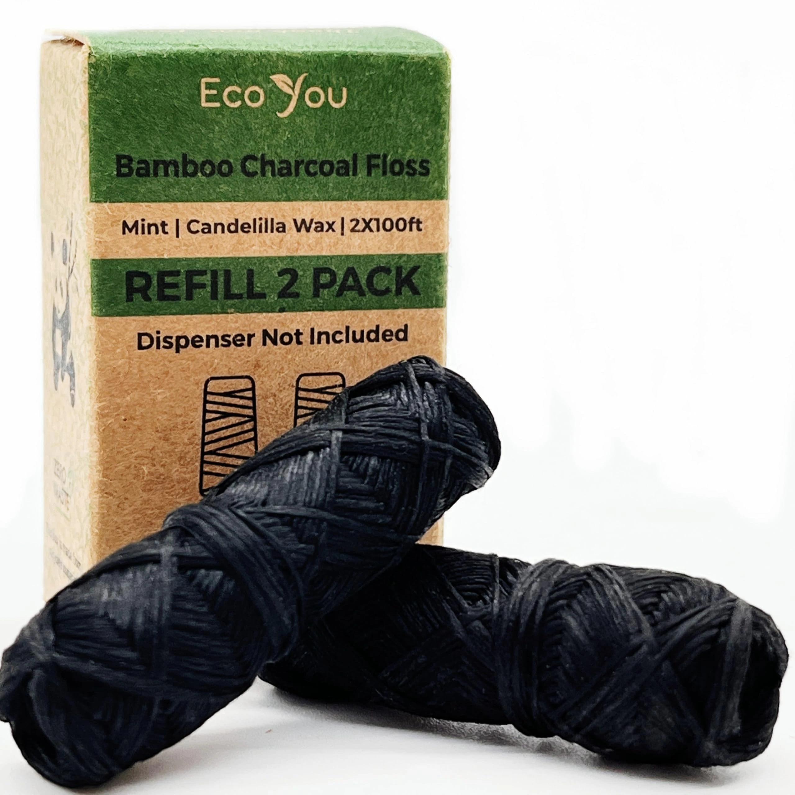 EcoYou Bamboo Charcoal Dental Floss | Mint & Candelilla Wax | Vegan & Biodegradable (2 Refills Pack)