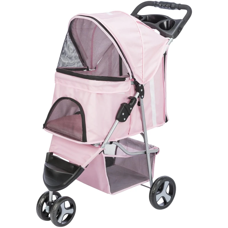 TRIXIE Foldable Pet Stroller for Cats and Dogs, Pet Carrier Strolling Cart with Weather Cover, Storage Basket, Cup Holder, Pink
