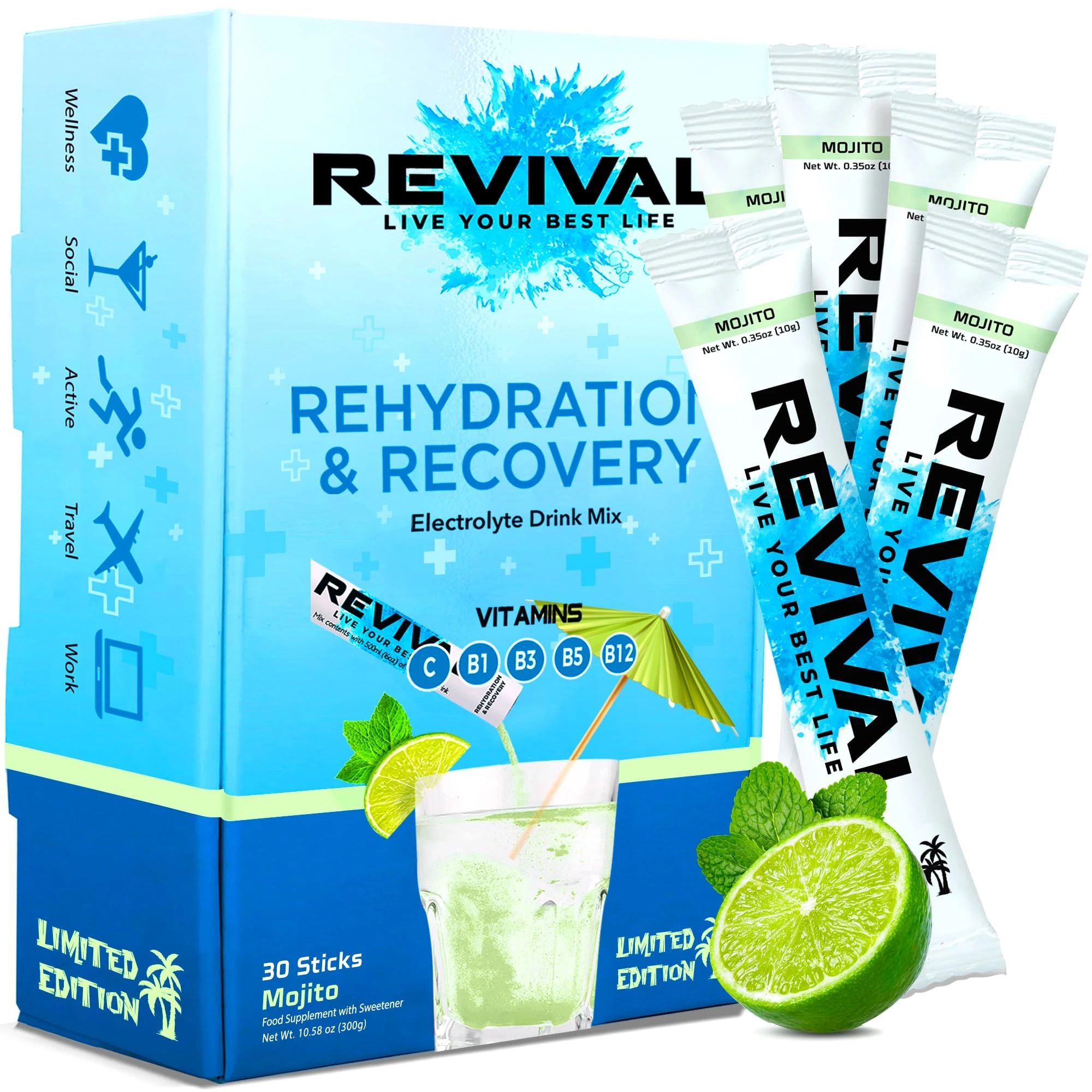 Revival Rapid Rehydration, Electrolytes Powder - High Strength Vitamin C, B1, B3, B5, B12 Supplement Sachet Drink, Effervescent Electrolyte Hydration Tablets - 30 Pack Mojito