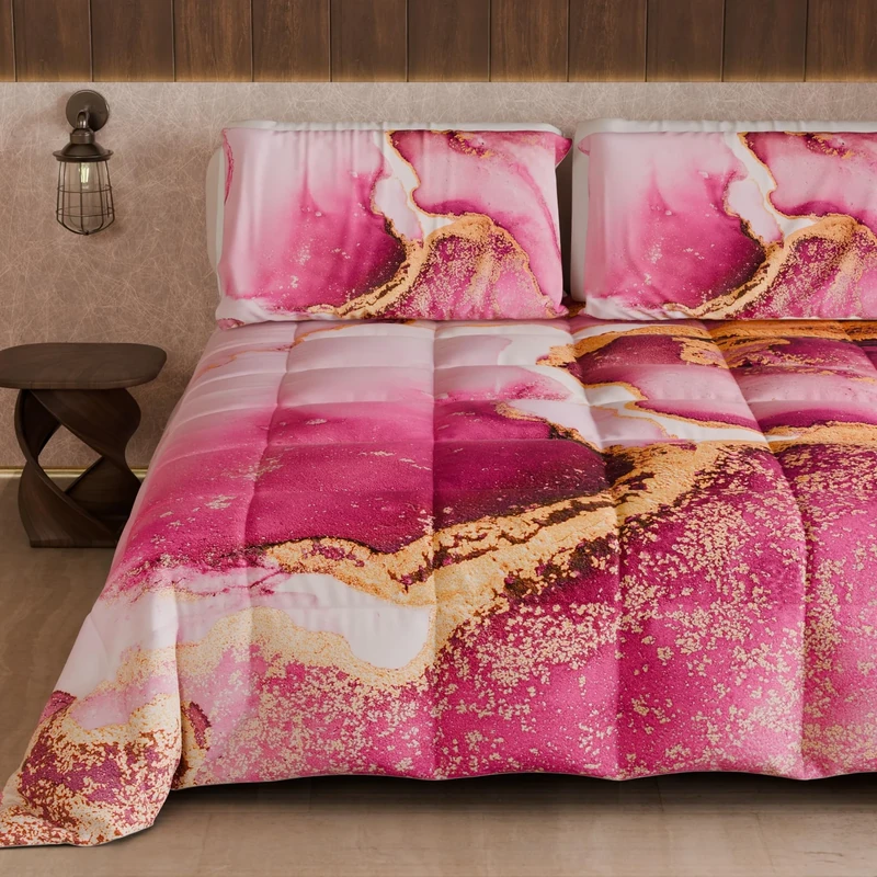 PETTI Artigiani Italiani - Winter Quilt for a Double Bed and a Half Quarter, Solid Colour and Pink Marble Digital Print, Made in Italy