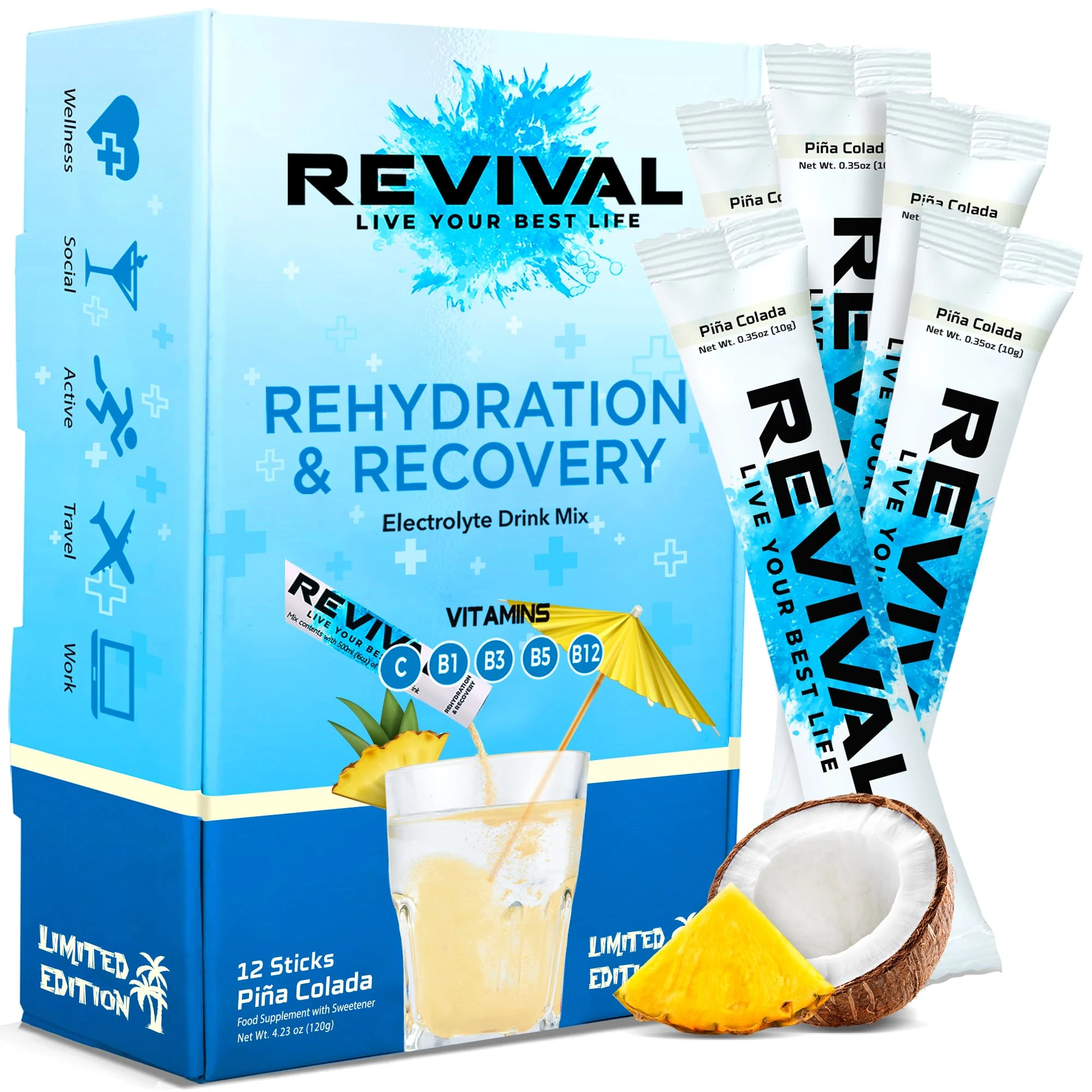 Revival Rapid Rehydration, Electrolytes Powder - High Strength Vitamin C, B1, B3, B5, B12 Supplement Sachet Drink, Effervescent Electrolyte Hydration Tablets - 12 Pack Pina Colada