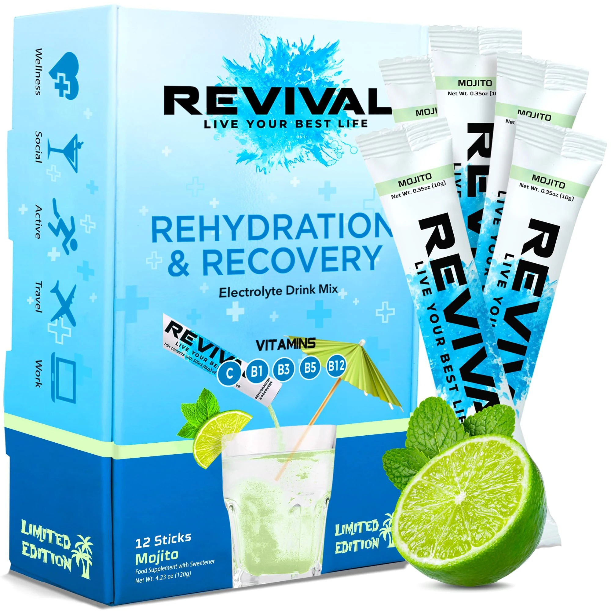 Revival Rapid Rehydration Electrolytes Powder - High Strength Vitamin C, B1, B3, B5, B12 Supplement Sachet Drink, Effervescent Electrolyte Hydration Tablets - 12 Pack Mojito