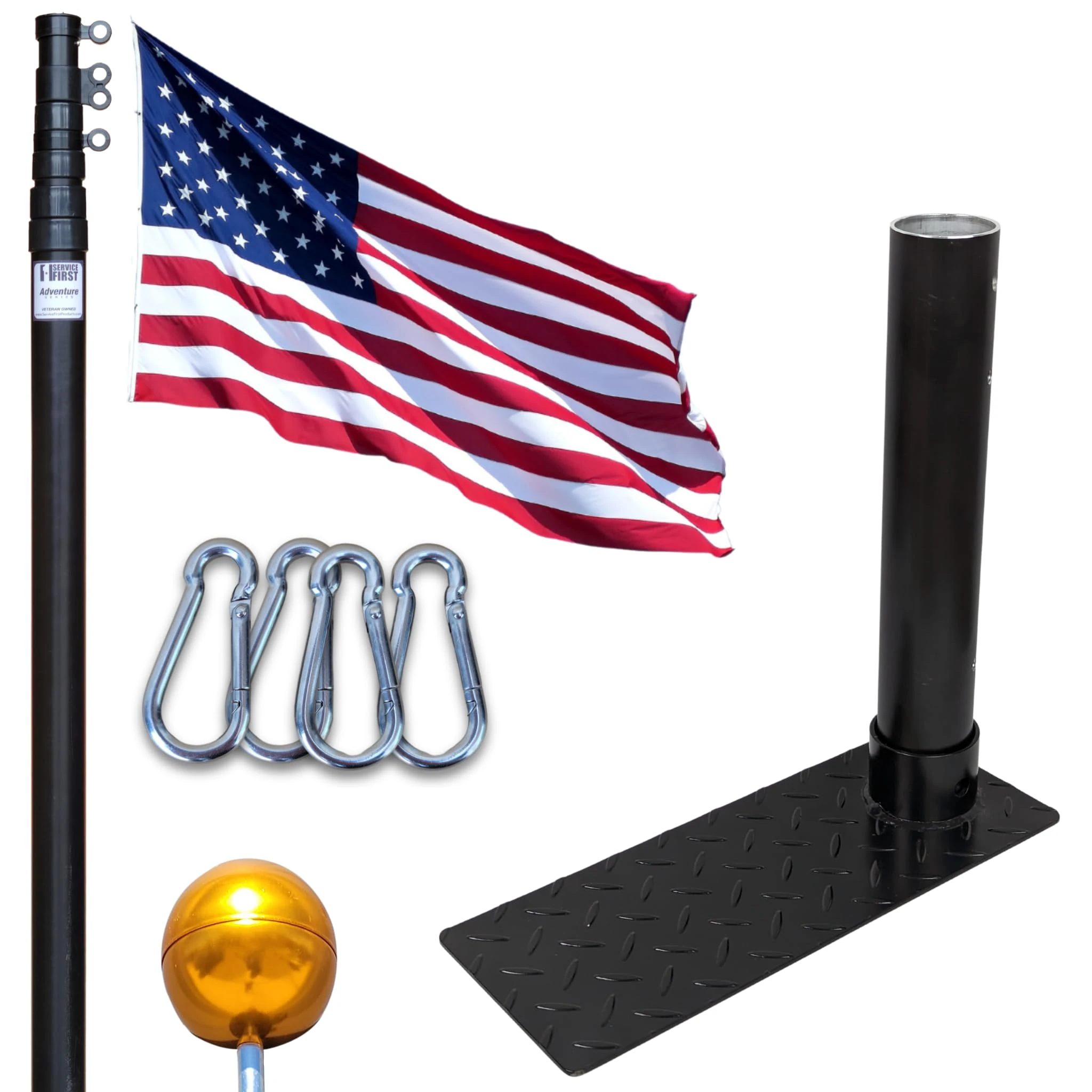 Service First Black Tailgate 20' Telescoping Flagpole Adventure Series with Tire Mount - Swivel Rings -