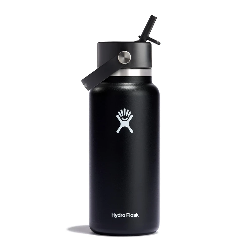 Hydro Flask - Water Bottle 946 ml (32 oz) - Vacuum Insulated Stainless Steel Water Bottle with Flex Straw Cap - Wide Mouth - Black