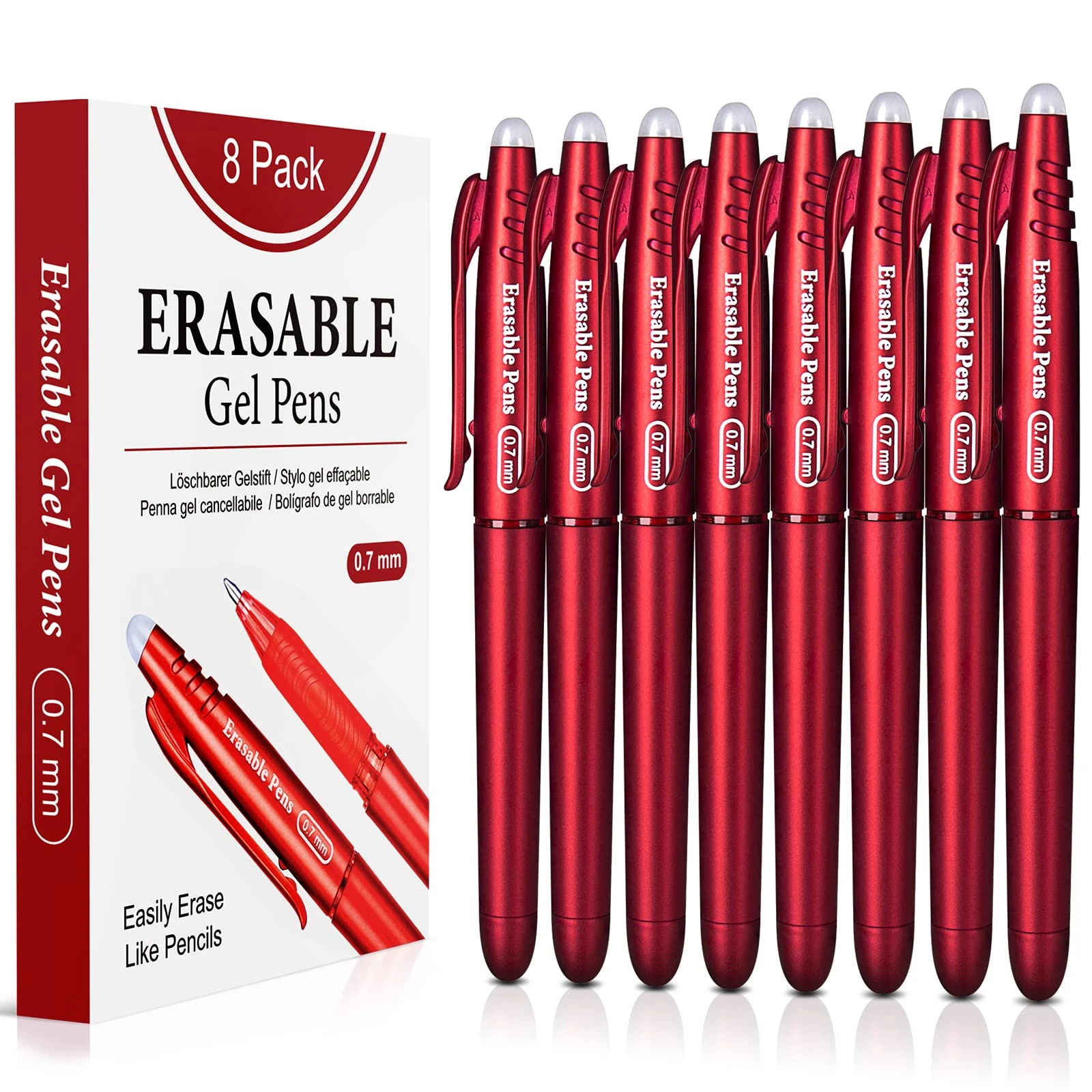 KERIFI Erasable Gel Pens 0.7mm, Red Heat Erasable Fine Point Ballpoint Pens, Make Mistakes Disappear, Gel Ink Pens with Eraser for Drawing Writing Planner Journaling Crossword Puzzles School Supplies
