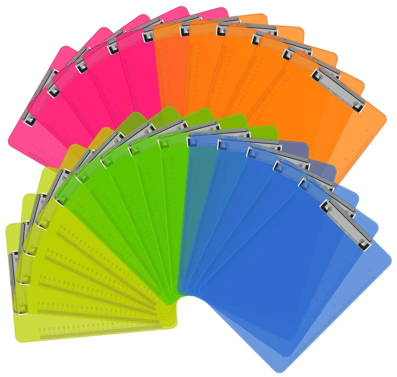 HERKKA Clipboards, 25 Pack Plastic Clipboards Low Profile Clip Standard A4 Letter Size, Assorted Transparent Color, for Classroom and Office Use