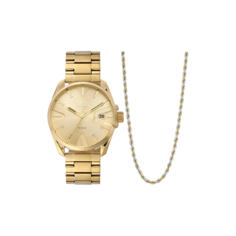 Diesel Watch for Men Ms9, Three Hand Movement, 44 mm Gold Stainless Steel Case with a Stainless Steel Strap, DZ2163SET