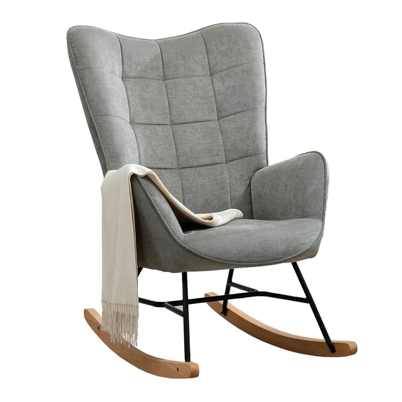 MEUBLE COSY Rocking Chair for Nursery Relaxing Nursing Armchair with High Backrest for Adults Mum Feeding Reading Glider Fabric with Metal Legs Wood Base, Living Rooms, Bedrooms, Balcony, Grey