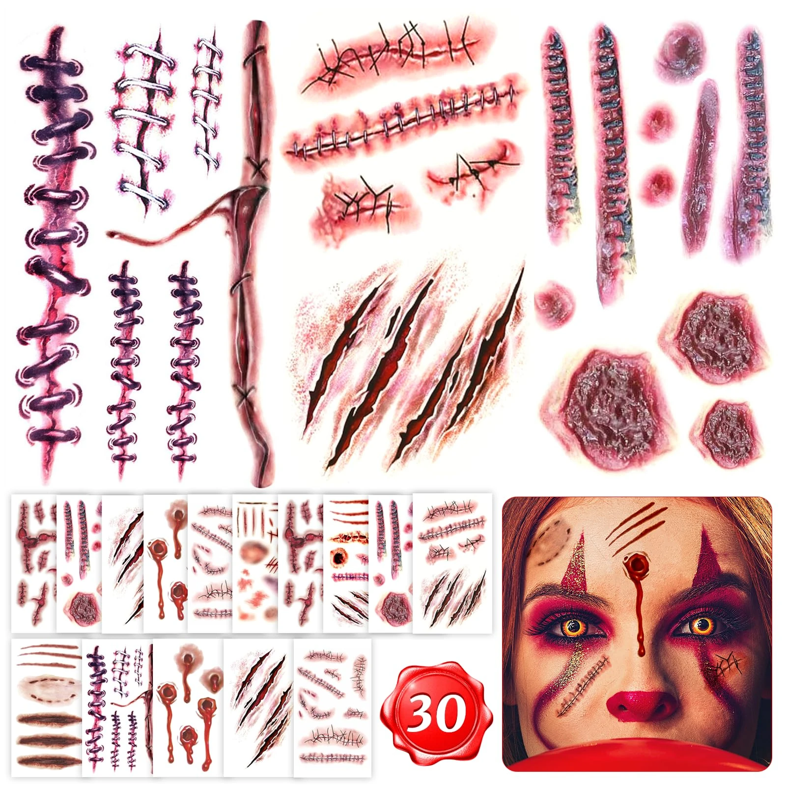 30 Sheets Halloween scar tattoos Stickers with Fake Scab Blood,zombie tattoo,halloween scar makeup,halloween face stickers, costume for women Makeup Props