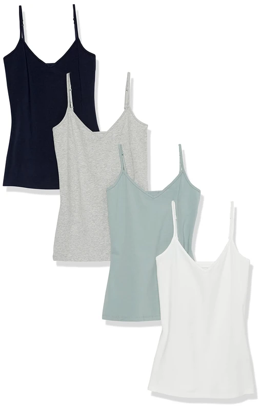 Amazon Essentials Women's Knitted V-Neck Layering Cami (Available in Plus Size), Pack of 4, Grey Heather/Navy/Sage Green/White, M