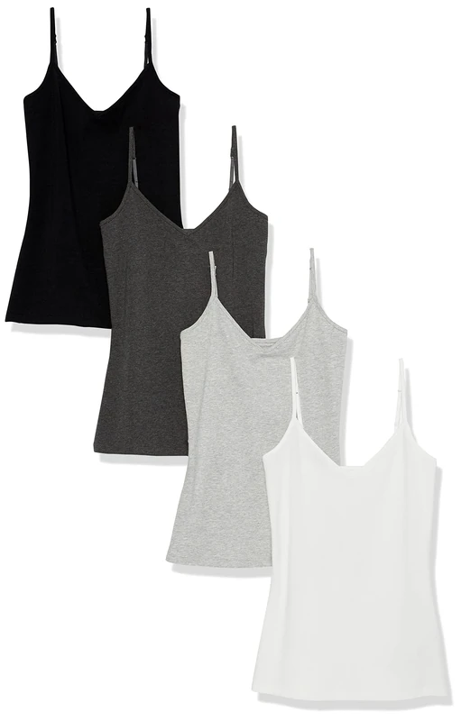 Amazon Essentials Women's Knitted V-Neck Layering Cami (Available in Plus Size), Pack of 4, Black/Charcoal Heather/Light Grey Heather/White, M