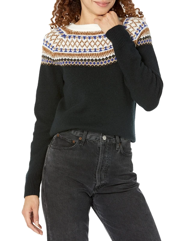Amazon Essentials Women's Fair Isle Christmas Crewneck Pattern Jumper, Black Classic Fairisle, L