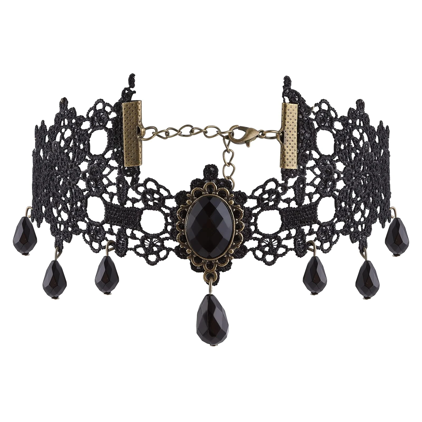 Halloween Black Lace Choker Gothic Steampunk Necklace Black Neck Chain Collar with Crystal for Women and Girls Halloween Cosplay Party Vintage Costume