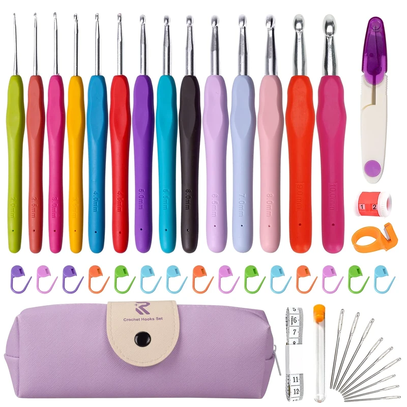 RealPlus 14-Piece Crochet Hook Set with Ergonomic Grips and 47-Piece Kit