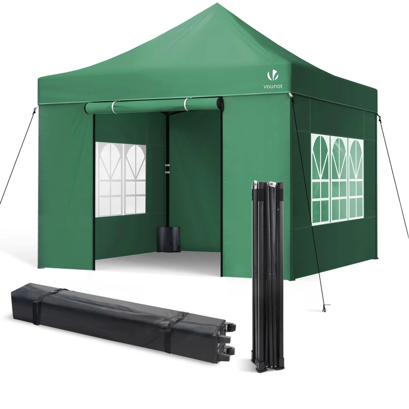 VOUNOT 3x3m Heavy Duty Gazebo with 4 Sides, Pop up Gazebo Fully Waterproof Party Tent with Roller Bag and Leg Weights, Green