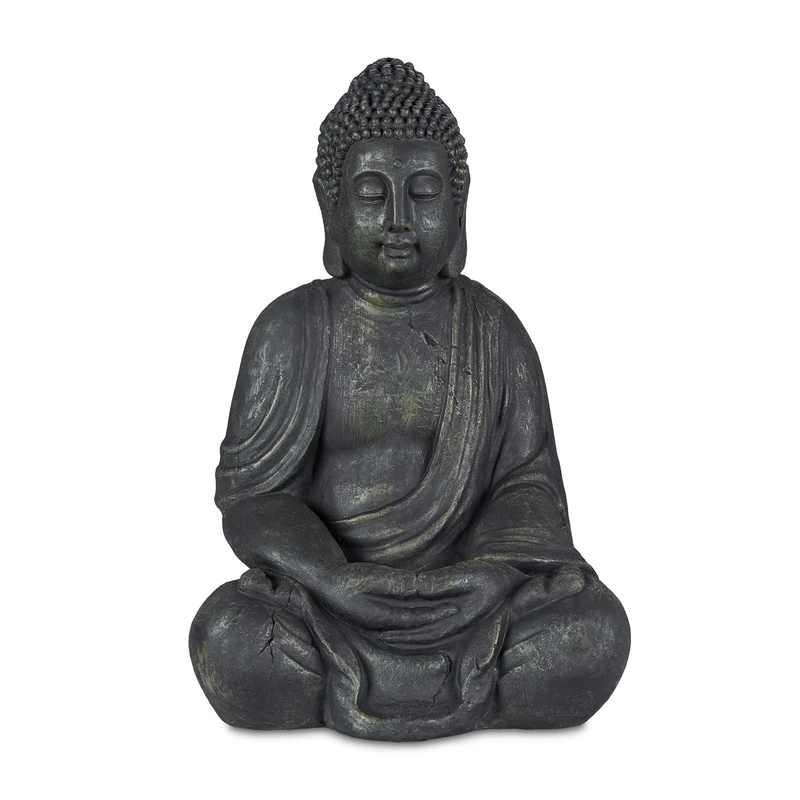 Relaxdays Buddha Statue, 70 cm Height, Garden Decoration, Weather and Frost Resistant, Living Room Deco, Charcoal Grey