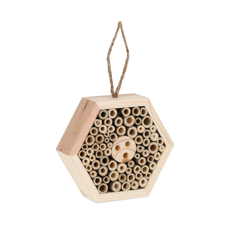 Relaxdays Hexagonal Insect Hotel Wood, Garden & Balcony, Wild Bee and Wasps House to Hang Up, HxWxD: 15x17x5 cm, Natural