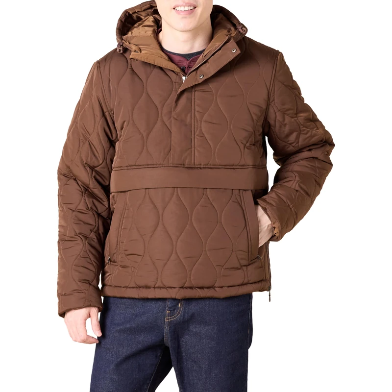 Amazon Essentials Men's Insulated Water-Resistant Hooded Quarter-Zip Puffer Coat, Deep Brown, XL