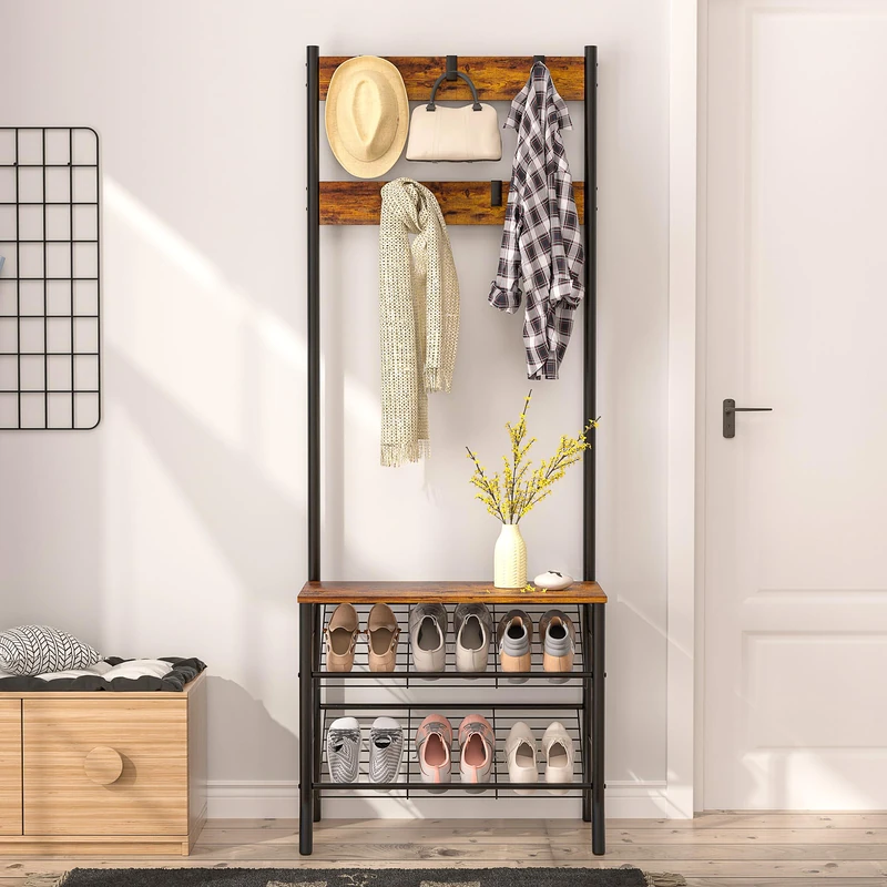 VECELO Coat Stand with Shoe Storage Bench, Hall Tree with 2 Tier Shoe Rack, 5 Removable Hooks, Metal Frame, 3-in-1 Design for Entry Furniture/Hallway, Industrial, Retro Brown