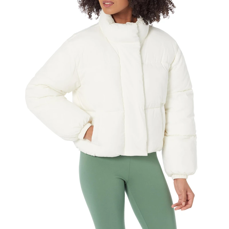 Amazon Essentials Women's Cropped Full-Zip Puffer Jacket (Quilted Matte or Sherpa Fleece), Eggshell White, Large