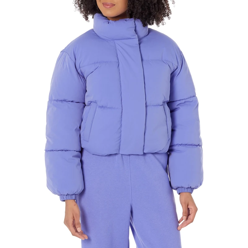 Amazon Essentials Women's Cropped Full-Zip Puffer Jacket (Quilted Matte or Sherpa Fleece), Purple Blue, Small