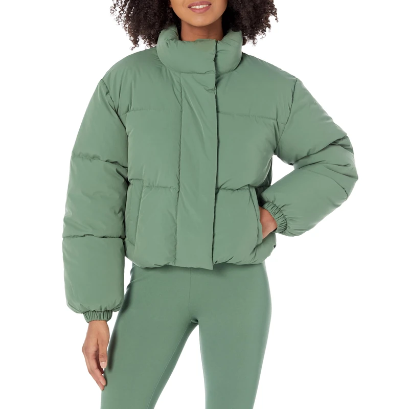 Amazon Essentials Women's Cropped Full-Zip Puffer Jacket (Quilted Matte or Sherpa Fleece), Sage Green, X-Small