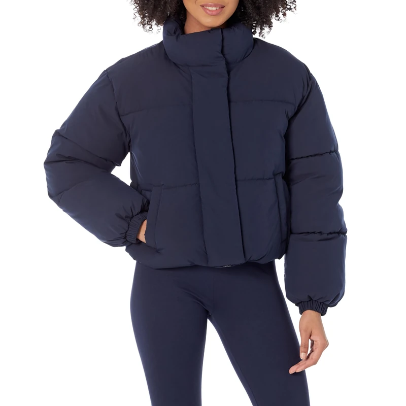 Amazon Essentials Women's Cropped Full-Zip Puffer Jacket (Quilted Matte or Sherpa Fleece), Navy, X-Large