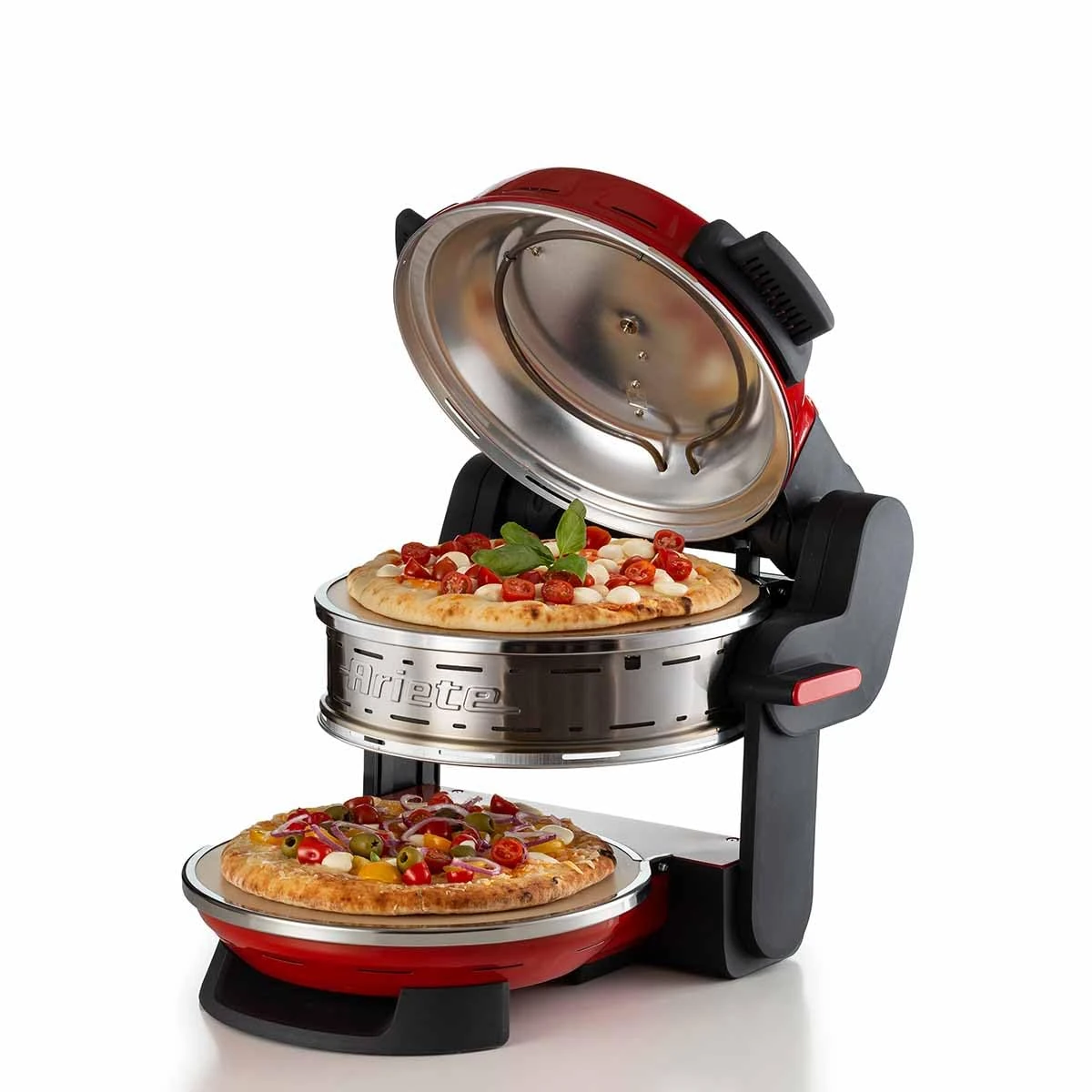 Ariete 927 Double Pizza Oven, 5 Cooking Levels, 2 Non-Stick Refractory Plates, 2 Wooden Trays Included, Max. 400°C, 2 Thermostats, Diameter 32 cm, 2300 W, Red