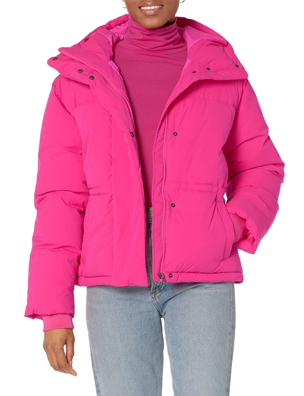 Amazon Essentials Ladies Short Fitted Down Jacket (Plus Size Available), Neon Pink, XL