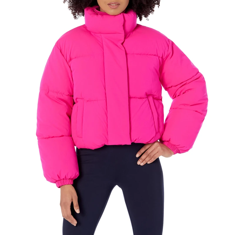 Amazon Essentials Women's Cropped Full-Zip Puffer Jacket (Quilted Matte or Sherpa Fleece), Neon Pink, X-Large