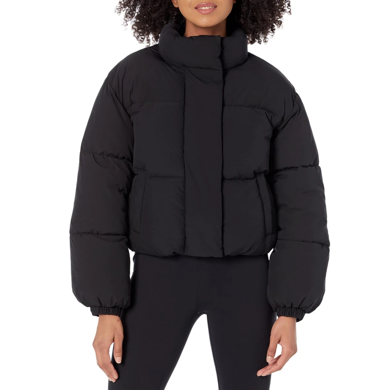 Amazon Essentials Women's Cropped Full-Zip Puffer Jacket (Quilted Matte or Sherpa Fleece), Black, Small