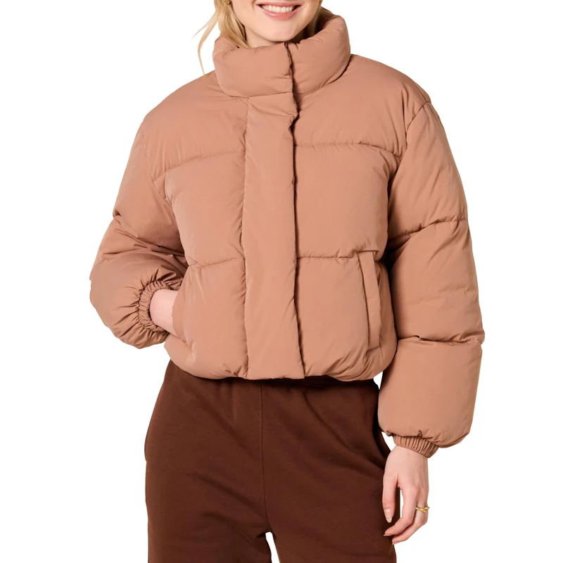 Amazon Essentials Women's Cropped Full-Zip Puffer Jacket (Quilted Matte or Sherpa Fleece), Light Brown, X-Large