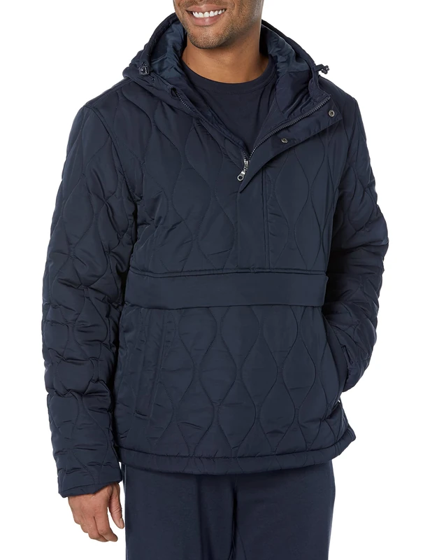 Amazon Essentials Men's Insulated Anorak Hooded Quarter-Zip Puffer Coat, Navy, L